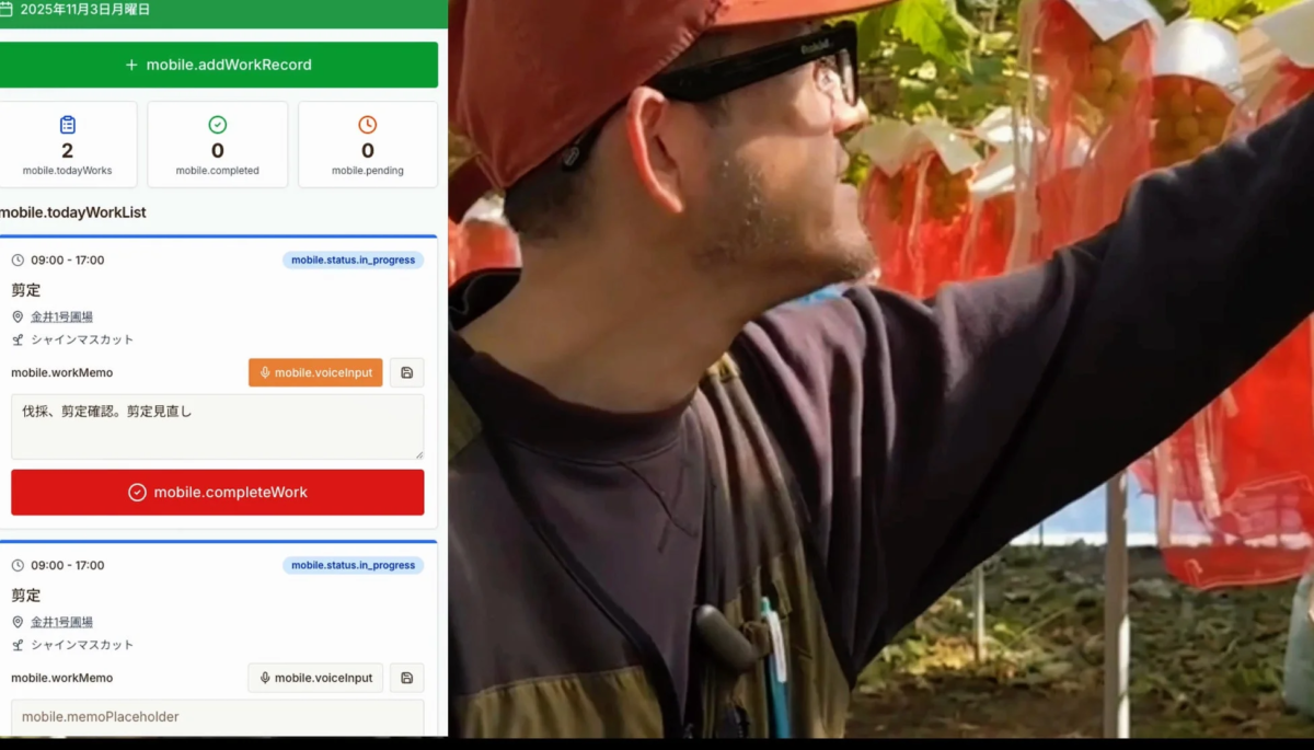 ぶどう畑での作業風景とモバイルアプリの画面
