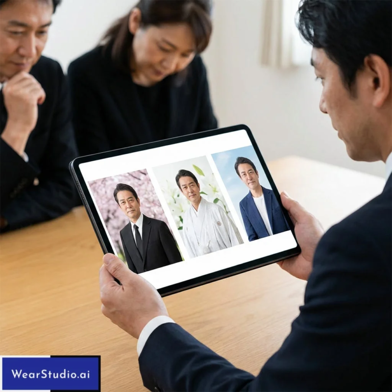 タブレットで遺影候補を比較する様子