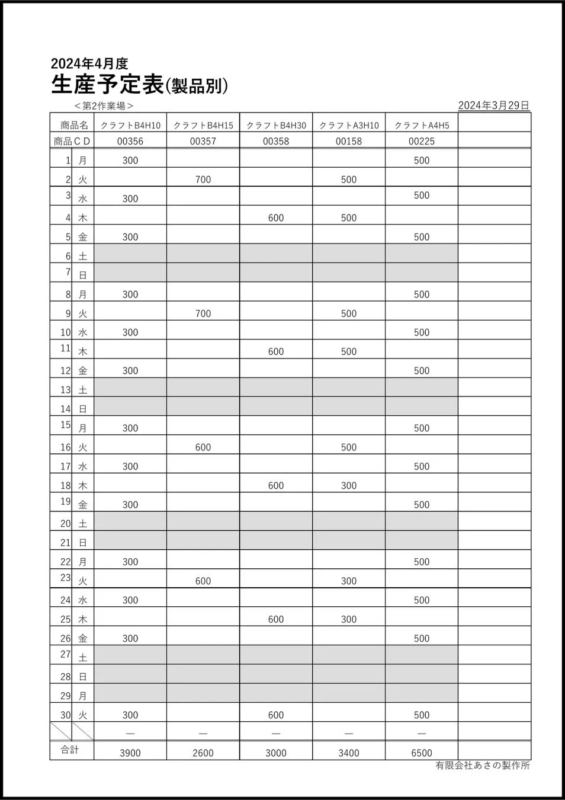 生産予定表サンプル