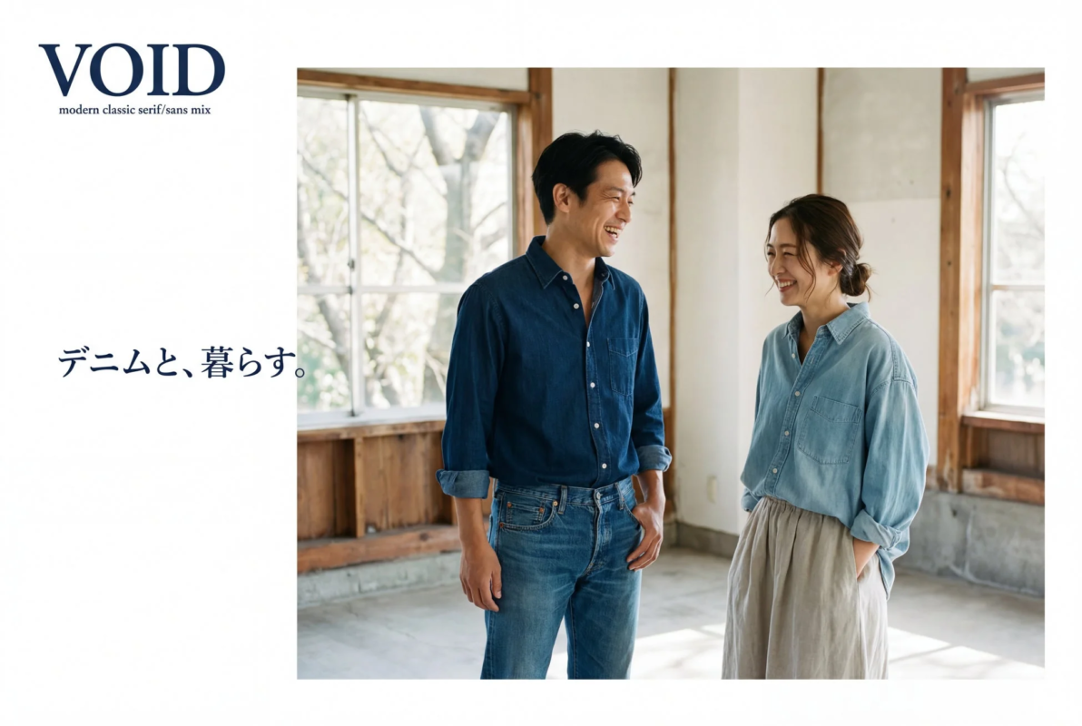 VOIDブランドのデニムシャツを着た夫婦が談笑する様子