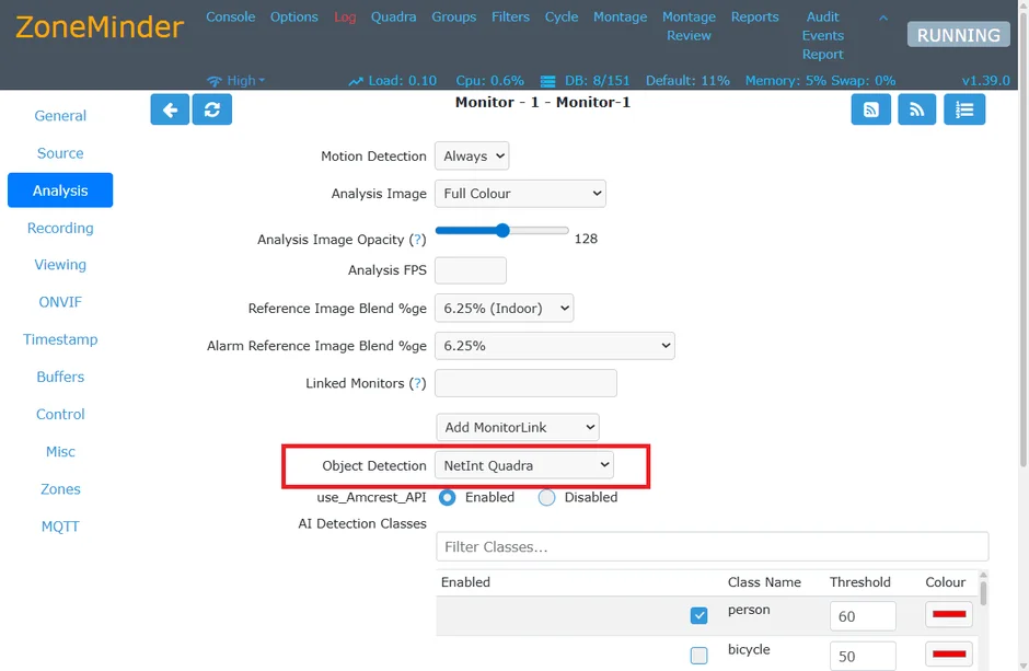 ZoneMinderの監視システムにおける分析設定画面