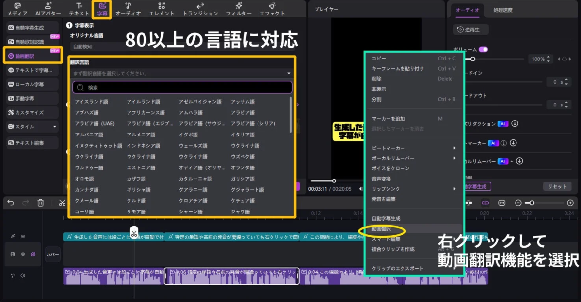 動画翻訳機能の画面