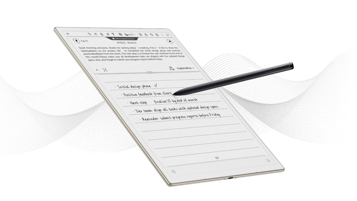 電子ペーパーデバイスに会議の議事録と手書きメモが表示されている様子