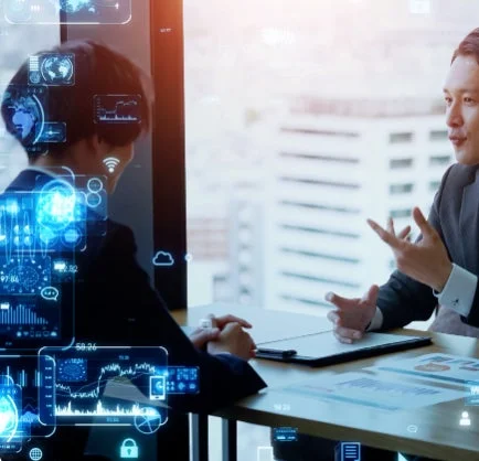 ビジネスにおけるテクノロジーの活用や未来志向の議論を示唆する画像
