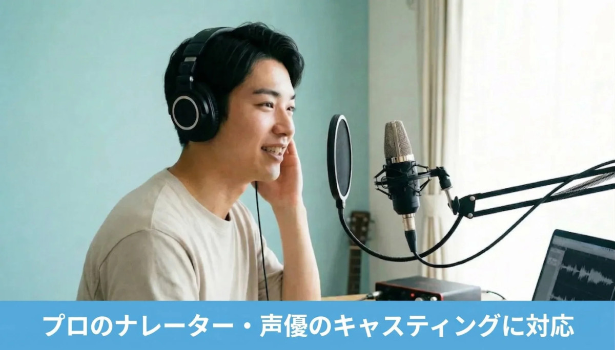 ヘッドホンを装着した若い男性が、プロ仕様のマイクに向かって笑顔で話している様子