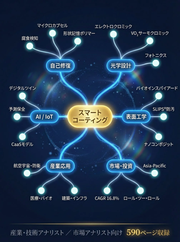 スマートコーティングの技術要素(自己修復、光学設計、AI/IoT、表面工学)