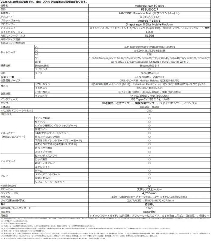 motorola razr 60 ultra PANTONE Mountain Trail 製品仕様