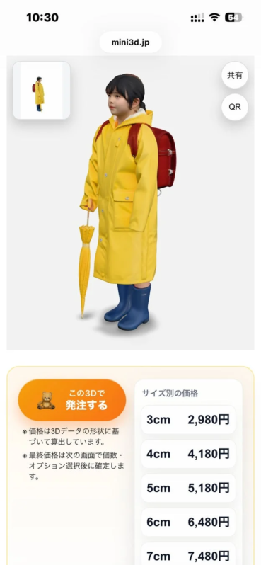 レインコートを着た子供の3Dモデルとサイズ別の価格表
