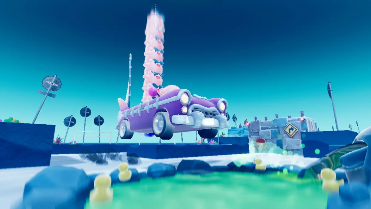 ピンクのキャラクターが乗った紫色のクラシックカーが浮遊する画像