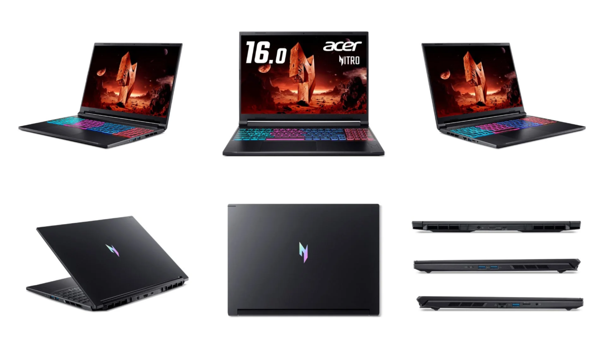 複数の角度から撮影されたAcer NitroゲーミングノートPCの画像。16.0インチディスプレイ、鮮やかなRGBバックライトキーボード、そしてスタイリッシュなブラックデザインが特徴