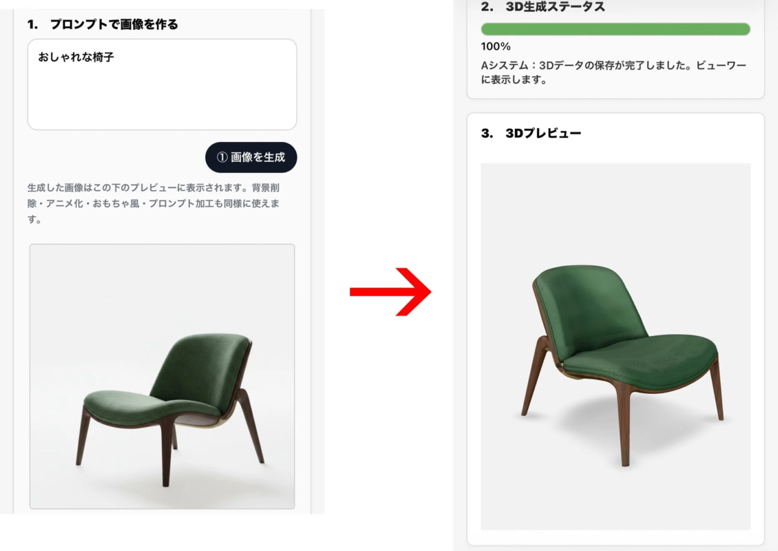 「おしゃれな椅子」というプロンプトから生成された3Dモデル