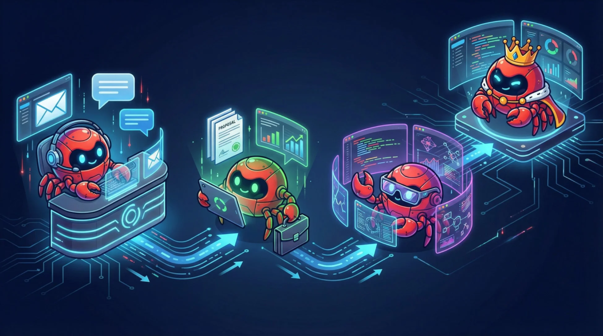 ロボットのカニたちが、カスタマーサポート、提案書作成、プログラミング、そして最終的な管理・リーダーシップといった一連のビジネスプロセスをデジタル環境で実行している様子を描いたイラスト