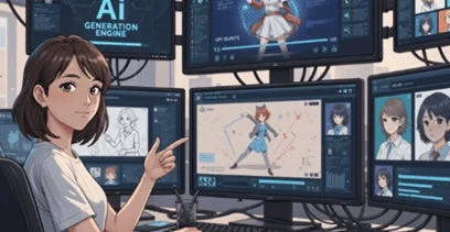 アニメ調のキャラクターが描かれた複数のモニターに囲まれ、AI生成エンジンを使った作業をしている人物の様子