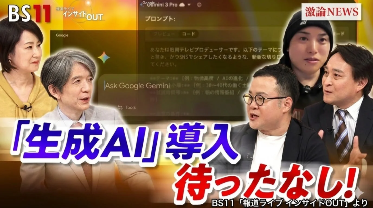 BS11 報道ライブ インサイドOUT 激論NEWS Google Gemini 3 Pro プロンプト: プレビュー コード あなたは敏腕テレビプロデューサーです。以下のテーマについて番組を企画し、かつSNSでシェアしたくなるような、斬新な切り口で提案してください。 Ask Google Gemini Tools 「生成AI」導入 待ったなし！ BS11「報道ライブ インサイドOUT」より