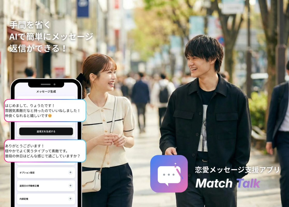 街を歩く笑顔の男女と、AIでメッセージ返信をサポートする「Match Talk」という恋愛メッセージ支援アプリの画面
