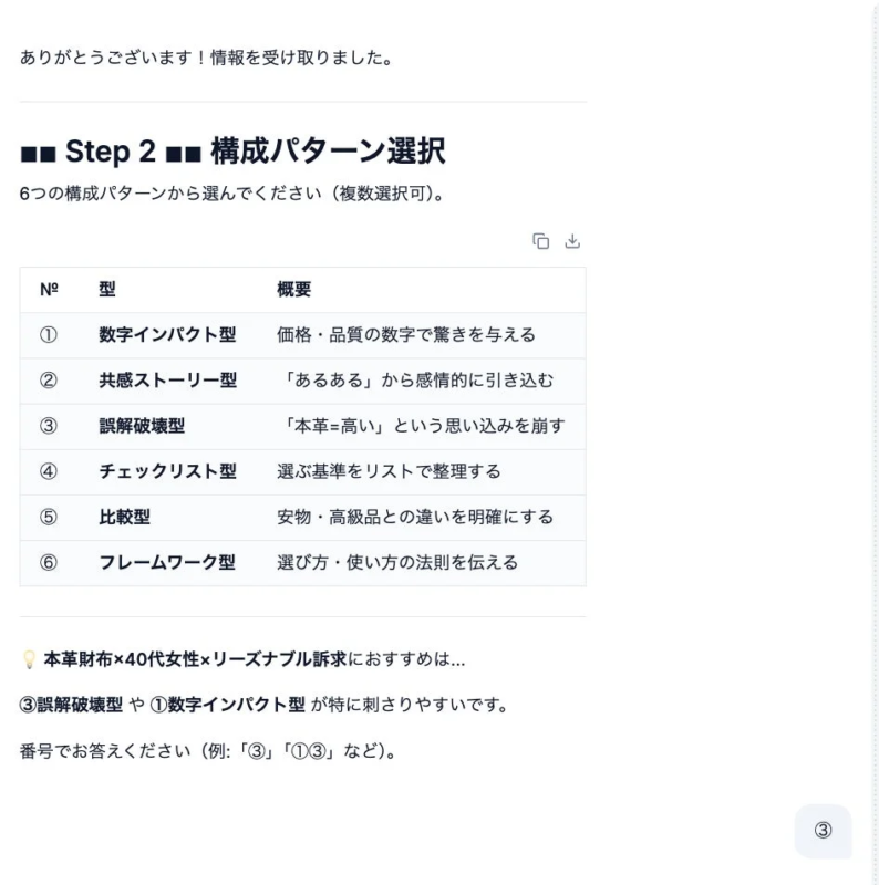 コンテンツ作成の構成パターン選択画面