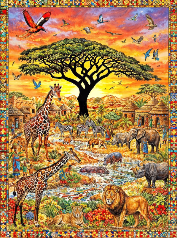 アフリカのサバンナの夕暮れ、野生動物と村のイラスト