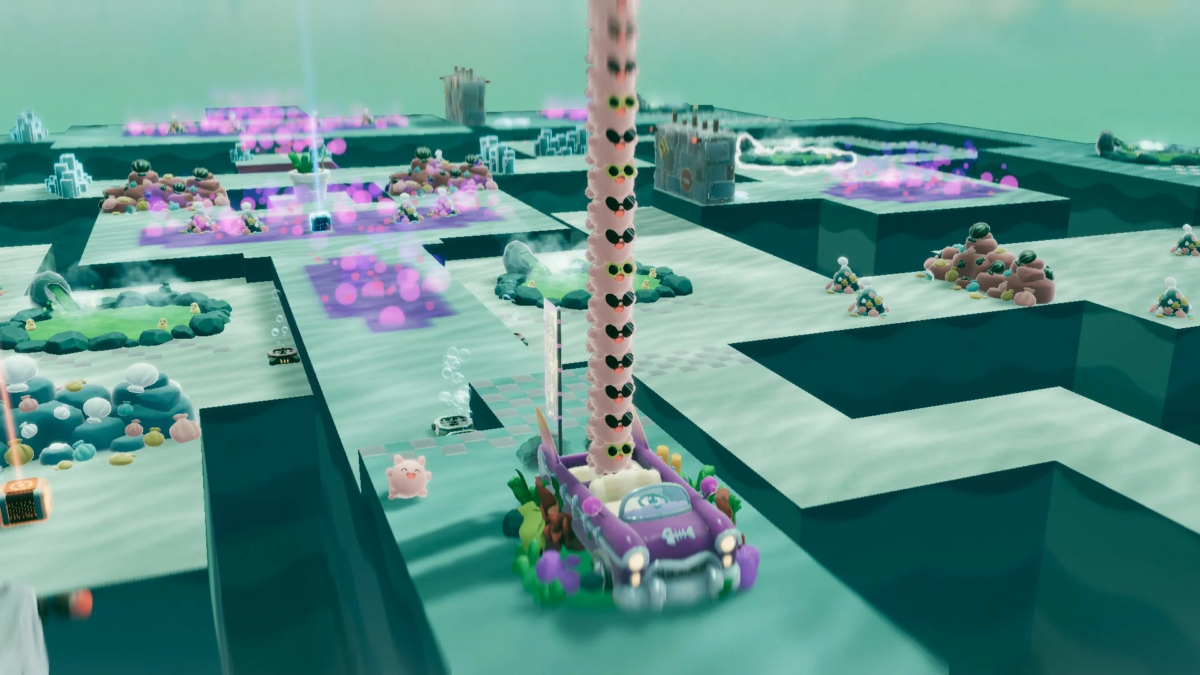 ピンクのキャラクターが積み重なり車に乗って迷路を進む3Dゲーム画面