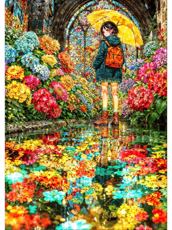 花々に囲まれた庭園で傘を差す少女の幻想的なイラスト