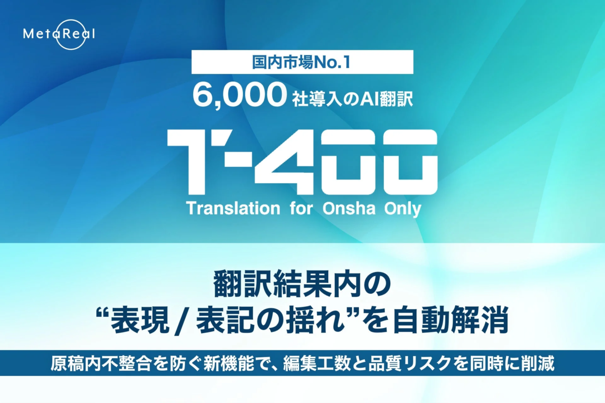 MetaRealのAI翻訳サービス「T-400」は国内市場No.1で6,000社に導入されています。翻訳結果内の表現や表記の揺れを自動解消し、原稿の不整合を防ぐことで編集工数と品質リスクを削減する新機能を提供しています。