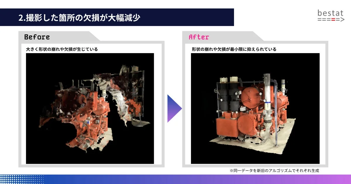 撮影した箇所の欠損が大幅減少