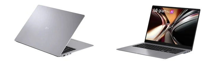 シルバーカラーのLG gram Pro AIノートパソコンが、開いた状態と背面からの2つのアングルで写っています。