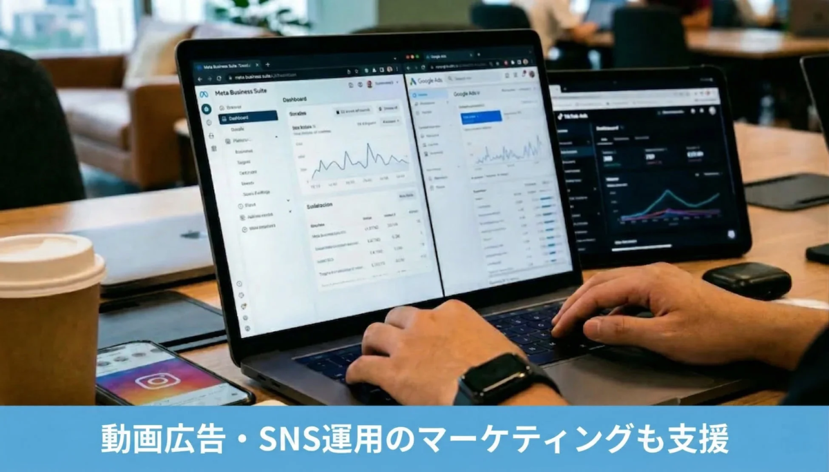 ラップトップとタブレットでMeta Business Suite、Google広告、TikTok広告のダッシュボードを操作し、デジタルマーケティングやSNS運用を行う様子
