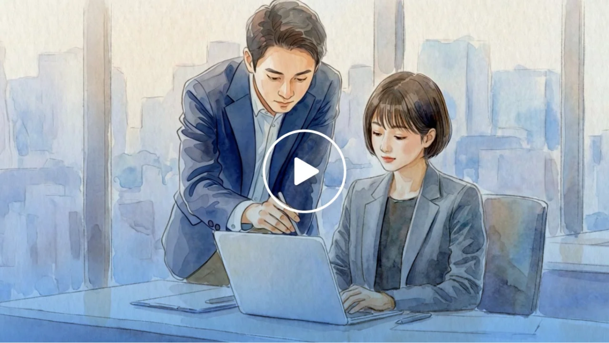オフィスで男女のビジネスパーソンがノートパソコンを囲んで打ち合わせをしている水彩画風のイラスト