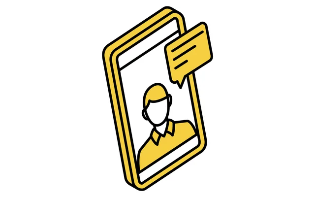 スマートフォンに人物のアイコンと吹き出しが表示されており、オンラインでのコミュニケーションやメッセージングを表すイラストです。