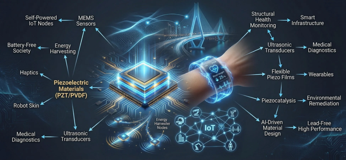 圧電材料の応用分野を示す概念図