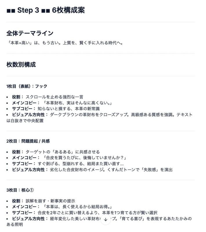 「本革は高い」という誤解を解く6枚構成案の例（1～3枚目）