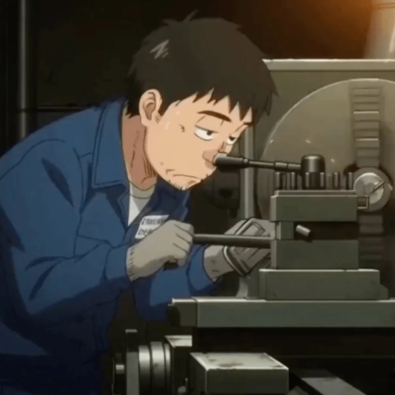 工場で作業するアニメの男性