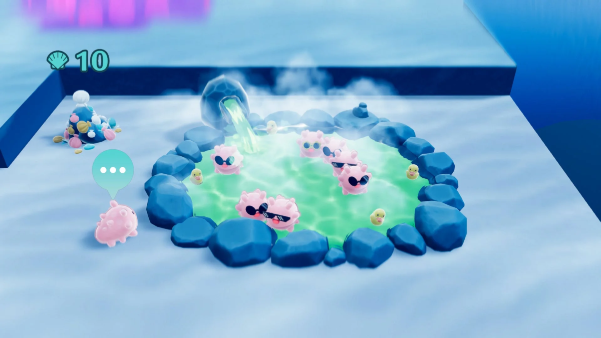 温泉に浸かるピンクのキャラクターとアヒル