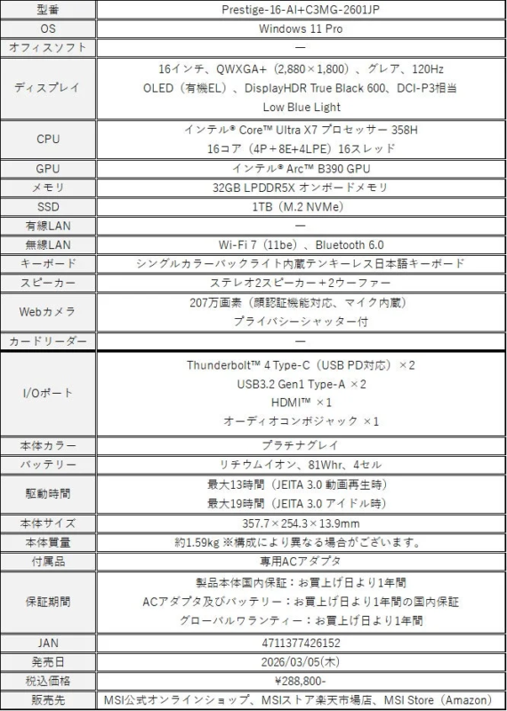 Prestige-16-Al+C3MG-2601JPのスペック表