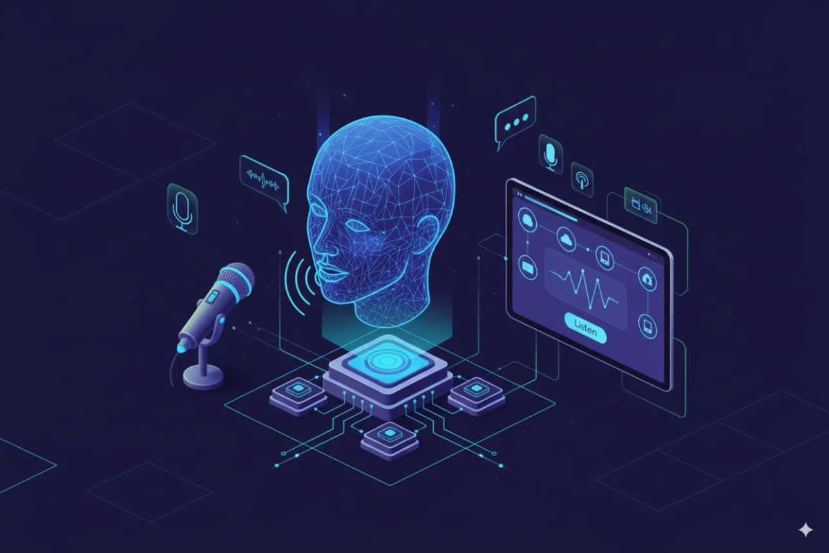 AIが音声を処理し、タブレットに波形として表示するイラスト