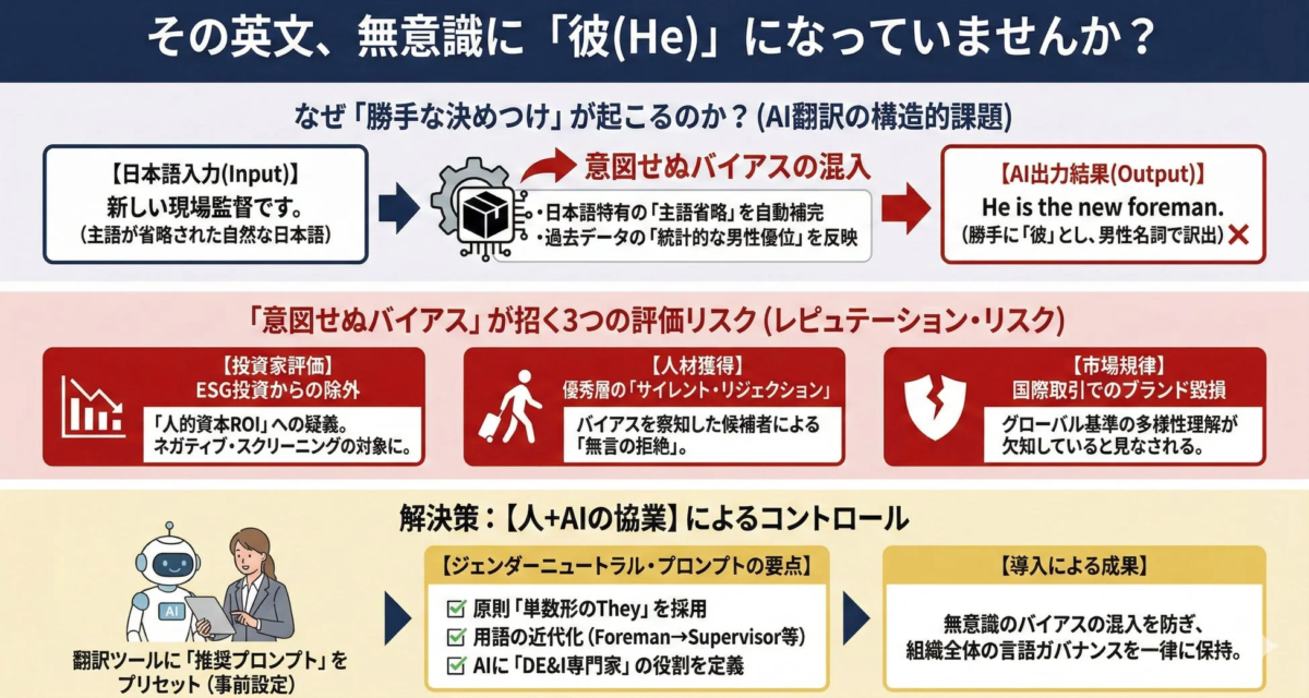 AI翻訳における無意識のジェンダーバイアスが引き起こす構造的課題とリスクについて解説しています。