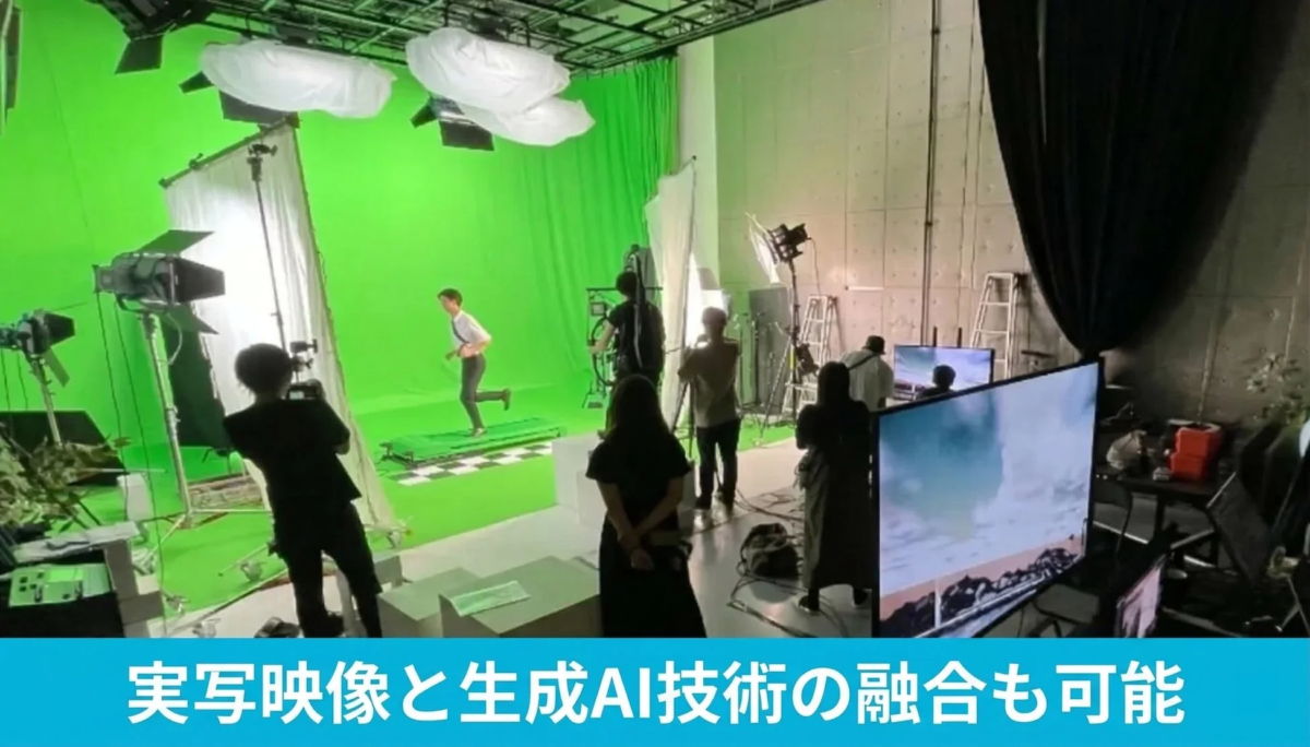 グリーンバックのスタジオで俳優が走るシーンを撮影している様子