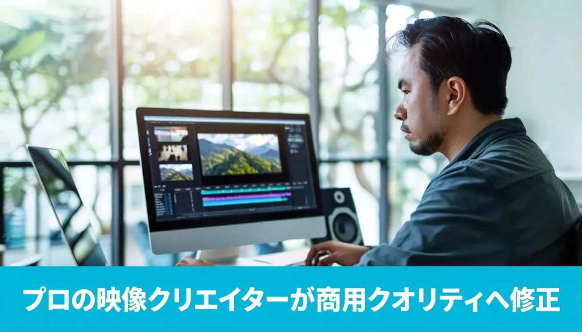 プロの映像クリエイターがデスクトップPCで動画編集作業をしている様子