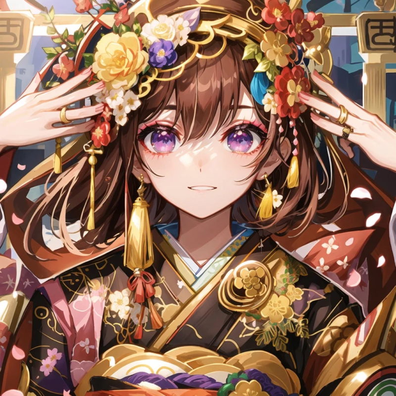 アニメ風の豪華な和装の少女のポートレート
